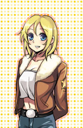 Rule 34 | 1girl, bad id, bad pixiv id, blonde hair, blue eyes, blue mary, bomber jacket, breasts, cleavage, collarbone, cosplay, denim, face, fatal fury, female focus, fur trim, jacket, jeans, kkaiju, midriff, navel, pants, short hair, snk, solo, strapless, terry bogard, terry bogard (cosplay), the king of fighters, tube top