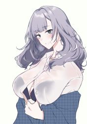 Rule 34 | 1girl, black bra, blush, bra, breasts, cleavage, collared shirt, commentary request, dress shirt, grey eyes, highres, large breasts, long hair, mole, mole on breast, mole under mouth, open clothes, open shirt, original, pochi (pochi-goya), shirt, silver hair, smile, solo, unbuttoned, unbuttoned shirt, underwear, white shirt
