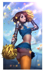 Rule 34 | 1girl, :d, absurdres, arm up, ass, blue skirt, blue sky, blurry, blush, breasts, brown hair, cheerleader, cloud, confetti, crop top, cyborg, day, depth of field, dog hate burger, female focus, from behind, green eyes, highres, huge filesize, mechanical arms, medium breasts, midriff, miniskirt, open mouth, orange thighhighs, original, outdoors, panties, pantyshot, pink panties, pleated skirt, pom pom (cheerleading), prosthesis, prosthetic arm, short hair, single mechanical arm, skirt, sky, smile, solo, stadium, standing, sun, sunlight, thighhighs, underwear, walking