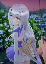 Rule 34 | 1girl, asobeco, back cutout, black gloves, blue dress, breasts, clothing cutout, dress, melusine (fate), melusine (second ascension) (fate), fate/grand order, fate (series), forked eyebrows, gloves, highres, long hair, long sleeves, looking at viewer, looking back, rain, sidelocks, small breasts, solo, solo focus, thighhighs, thighs, umbrella, weapon, wet, white hair, white thighhighs, yellow eyes