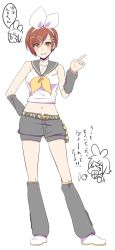 Rule 34 | 1girl, bare shoulders, belt, bow, breasts, brown hair, cosplay, detached sleeves, hair bow, hair ornament, hairclip, headphones, headset, highres, kagamine rin, kagamine rin (cosplay), large breasts, leg warmers, meiko (vocaloid), midriff, navel, open mouth, red eyes, sailor collar, short hair, shorts, smile, solo, tamara, treble clef, vocaloid