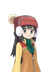 Rule 34 | 1girl, asatsuki (fgfff), beanie, black hair, closed mouth, commentary request, creatures (company), dawn (pokemon), earmuffs, eyelashes, game freak, grey eyes, hat, jacket, long hair, looking at viewer, nintendo, pokemon, pokemon bdsp, sidelocks, simple background, smile, solo, split mouth, upper body, white background, winter clothes, zipper pull tab