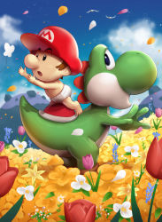 Rule 34 | 1boy, baby, baby mario, barefoot, bird, black eyes, blue sky, brown footwear, brown hair, cloud, commentary request, day, diaper, eyebrows visible through hat, flower, gonzarez, goonie, hat, highres, male focus, mario, mario (series), nintendo, open mouth, outdoors, outstretched arms, petals, pink flower, purple flower, red flower, red headwear, red rose, rose, shoes, sitting, sitting on animal, sky, super mario world 2: yoshi&#039;s island, twitter username, white flower, wind, yellow flower, yoshi