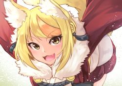 Rule 34 | 1girl, animal ears, blonde hair, fangs, fire emblem, fire emblem fates, fox ears, fur trim, highres, multicolored hair, nakabayashi zun, nintendo, open mouth, orange hair, outstretched arms, selkie (fire emblem), short hair, simple background, solo, spread arms, streaked hair, two-tone hair, white background, yellow eyes