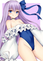 Rule 34 | 1girl, :q, bare shoulders, black choker, blue eyes, blue ribbon, breasts, casual one-piece swimsuit, choker, cleavage, closed mouth, collarbone, fate/grand order, fate (series), hair ribbon, highleg, highleg swimsuit, long hair, long sleeves, looking at viewer, meltryllis, meltryllis (fate), meltryllis (swimsuit lancer) (fate), meltryllis (swimsuit lancer) (second ascension) (fate), one-piece swimsuit, purple background, purple hair, ribbon, sleeves past wrists, small breasts, solo, standing, swimsuit, tongue, tongue out, toshishikisai
