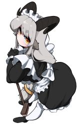 Rule 34 | 1girl, absurdres, alternate costume, animal ears, apron, ass, black dress, black horns, bolt (min lona), breasts, dress, enmaided, frilled apron, frills, goat ears, goat girl, goat horns, grey hair, highres, horizontal pupils, horns, juliet sleeves, large breasts, long hair, long sleeves, looking at viewer, low-tied long hair, maid, maid apron, maid headdress, min lona, original, puffy sleeves, simple background, solo, very long hair, white apron, yellow eyes