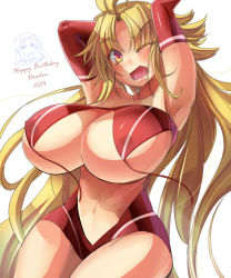 Rule 34 | 10s, 1girl, 2014, absurdres, ahoge, arms up, blonde hair, breasts, brown eyes, elbow gloves, covered erect nipples, gloves, happy birthday, highres, huge breasts, long hair, looking at viewer, one eye closed, original, red gloves, solo, wide hips, zerion