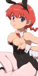 Rule 34 | 1girl, adjusting clothes, adjusting leotard, aonori misuji, bare shoulders, blue eyes, braid, breasts, cleavage, detached collar, fake tail, genderswap, genderswap (mtf), large breasts, leotard, looking at viewer, pantyhose, playboy bunny, rabbit tail, ranma-chan, ranma 1/2, red hair, saotome ranma, shiny skin, simple background, single braid, solo, tail, white background, wrist cuffs