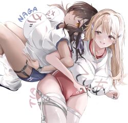 Rule 34 | 2girls, :d, blonde hair, blush, breasts, brown eyes, brown hair, character name, claw ring, closed mouth, dark-skinned female, dark skin, ear piercing, earrings, goddess of victory: nikke, gym shorts, gym uniform, hair ornament, hair over one eye, highres, jewelry, large breasts, locked arms, long hair, loose socks, multiple girls, multiple rings, naga (nikke), necklace, open mouth, piercing, pinjirooo, ring, shorts, side ponytail, simple background, skindentation, smile, socks, thighhighs, tia (nikke), watch, white background, white socks, white thighhighs, wristwatch