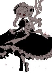 Rule 34 | 1girl, apron, bloody marie (skullgirls), bow, character name, dress, ekubo (ciaobero), frilled apron, frilled dress, frills, from behind, hair ornament, juliet sleeves, long sleeves, looking at viewer, looking back, maid headdress, puffy sleeves, red eyes, ribs, skull hair ornament, skull heart, skullgirls, smile, smoke, solo, twintails, walking, white background