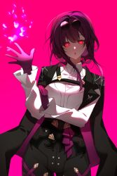 Rule 34 | 1girl, absurdres, black pants, coat, collared shirt, eyewear on head, gloves, highres, honkai: star rail, honkai (series), kafka (honkai: star rail), li nauu, long hair, long sleeves, looking at viewer, open mouth, pants, pink background, pink eyes, purple gloves, purple hair, round eyewear, shirt, shirt tucked in, simple background, solo, sunglasses, white shirt