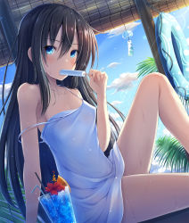 Rule 34 | 1girl, akashio (loli ace), black hair, blue eyes, blue sky, cloud, cocktail, cocktail glass, collarbone, commentary request, cup, day, dress, drinking glass, drinking straw, eyes visible through hair, food, food in mouth, from side, hair between eyes, highres, innertube, long hair, looking at viewer, original, popsicle, sky, solo, strap slip, sundress, sweat, swim ring, very long hair, white dress, wind chime