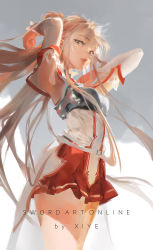 Rule 34 | 1girl, armpits, asuna (sao), belt, belt buckle, blonde hair, boobplate, breastplate, buckle, clothing request, copyright name, english text, from side, grey background, hair between eyes, highres, long hair, looking at viewer, open mouth, simple background, skirt, solo, sword art online, tagme, thighs, very long hair, white background, xiye