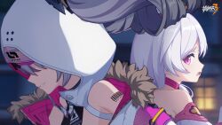 Rule 34 | 2girls, bare shoulders, bronya zaychik, bronya zaychik (haxxor bunny), chinese commentary, choker, crown, drill hair, evil smile, gloves, grey hair, highres, honkai (series), honkai impact 3rd, hood, logo, looking at another, multiple girls, night, no eyes, official alternate costume, official art, official wallpaper, open mouth, outdoors, pink choker, pink eyes, running, smile, smirk, theresa apocalypse, theresa apocalypse (sakuno rondo), upper body, white gloves, white hair, window