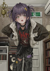Rule 34 | 1girl, absurdres, band shirt, black choker, black pants, black shirt, blush, bookshelf, cargo pants, chain, chandelier, choker, collarbone, earrings, exit sign, fur-trimmed jacket, fur trim, gishiki (gshk), green eyes, green jacket, hair intakes, hair ornament, heavy metal, highres, indoors, jacket, jewelry, lamp, leaning forward, long sleeves, looking at viewer, medium hair, merchandise, open clothes, open jacket, open mouth, original, pants, partially unzipped, phonograph, profanity, shirt, short twintails, slipknot, smiley face, solo, speaker, spiked choker, spikes, standing, star (symbol), star hair ornament, t-shirt, teeth, twintails, wallpaper (object)