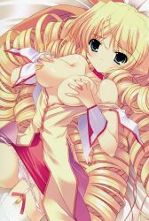 Rule 34 | 1girl, absurdres, blonde hair, grabbing another&#039;s breast, breasts, drill hair, garter straps, grabbing, green eyes, highres, nipples, no bra, oono tetsuya, open clothes, open shirt, panties, panty pull, prism magical, puchi hime, shirt, solo, thighhighs, underwear, white thighhighs