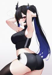 Rule 34 | 1girl, absurdres, armpits, arms up, ass, ass focus, asymmetrical horns, bare arms, bare shoulders, black hair, black shirt, black thighhighs, blue hair, breasts, colored inner hair, commentary, crop top, demon horns, hair tie in mouth, highres, hololive, hololive english, horns, huge ass, koahri, large breasts, long hair, looking at viewer, midriff, mole, mole under eye, mouth hold, multicolored hair, nerissa ravencroft, ponytail, red eyes, shirt, sleeveless, sleeveless shirt, solo, thighhighs, thighs, very long hair, virtual youtuber