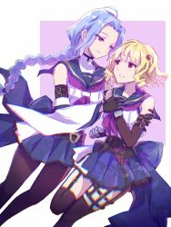 Rule 34 | 2girls, ahoge, arm around shoulder, arm belt, assault lily, back bow, bare shoulders, belt, belt buckle, black belt, black gloves, black pantyhose, black thighhighs, blonde hair, blue hair, blue sailor collar, blue skirt, bow, braid, braided ponytail, buckle, chromatic aberration, closed mouth, commentary request, corset, crop top, detached sleeves, drill hair, dutch angle, eye contact, feet out of frame, floating hair, gauntlets, gloves, hair ornament, hand on another&#039;s arm, hand on own chest, hand up, highres, holding hands, igusa subaru, imamura yukari (assault lily), leg up, light blush, long hair, long sleeves, looking at another, miniskirt, multiple girls, neckerchief, nekomint, pantyhose, parted bangs, parted lips, pleated skirt, purple background, purple eyes, purple neckerchief, red eyes, sailor collar, school uniform, serafuku, shirt, short hair, side-by-side, single braid, skirt, sleeveless, sleeveless shirt, smile, standing, standing on one leg, thigh belt, thigh strap, thighhighs, twin drills, two-tone background, very long hair, waist cape, white background, white shirt, wide sleeves, yuri