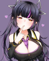 Rule 34 | 1girl, nanashi inc., between breasts, black hair, black vest, blunt bangs, blush, breasts, cleavage, collared vest, commentary request, cosplay, dameyoshi, demon girl, demon horns, dutch angle, finger to mouth, heart, highres, honey strap, horns, kojo anna, large breasts, long hair, looking at viewer, multicolored hair, necktie, necktie between breasts, open mouth, pointy ears, purple background, purple hair, purple necktie, simple background, solo, sugar lyric, suou patra, suou patra (cosplay), twintails, two-tone hair, vest, virtual youtuber, yellow eyes