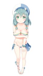 Rule 34 | 1girl, arm grab, arm under breasts, bikini, blue hat, blue scrunchie, blush, breast hold, breasts, cleavage, collarbone, commentary request, endro!, flower, full body, green eyes, green hair, groin, hair between eyes, hat, kani biimu, long hair, looking at viewer, medium breasts, meiza endust, multicolored clothes, multicolored hat, navel, parted lips, pigeon-toed, scrunchie, sidelocks, simple background, solo, standing, striped bikini, striped clothes, swimsuit, white background, white flower, white hat, wrist scrunchie