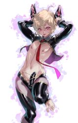 Rule 34 | 1boy, :p, androgynous, blonde hair, cropped jacket, gloves, highres, latex, male focus, meme attire, navel, necktie, nipples, original, penis sheath, pink eyes, rabbit pose, red necktie, reverse bunnysuit, reverse outfit, shirou, short hair, solo, thighhighs, toeless legwear, tongue, tongue out, trap