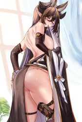 Rule 34 | 1girl, absurdres, ass, bare shoulders, blush, breasts, brown hair, extra ears, galleon (granblue fantasy), gloves, granblue fantasy, hair between eyes, highres, horns, large breasts, long hair, loooyd, multicolored hair, pointy ears, solo, streaked hair, thigh strap, thighs, white gloves