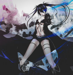 Rule 34 | 1girl, asymmetrical hair, belt, belt buckle, bikini, bikini top only, bikini under clothes, black belt, black bikini, black coat, black footwear, black gloves, black hair, black rock shooter, black rock shooter (character), black shorts, blue eyes, boots, breasts, buckle, choker, cleavage, coat, collarbone, floating hair, front-tie bikini top, front-tie top, gloves, hair between eyes, highres, knee boots, long hair, long sleeves, looking at viewer, medium breasts, open clothes, open coat, outstretched arm, outstretched hand, parted lips, short shorts, shorts, solo, standing, swimsuit, thigh strap, twintails, underboob, very long hair, yoaferia