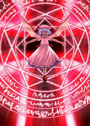 Rule 34 | 1girl, female focus, hat, kagura mizuki, magic circle, mob cap, octagram, red background, remilia scarlet, solo, touhou, wings