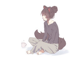 1girl alternate_costume animal_ears barefoot between_legs black_shirt breasts brown_hair closed_mouth collarbone commentary_request crossed_legs cup dog_ears dog_girl dog_tail full_body grey_pants hair_bun hand_between_legs highres inui_toko long_sleeves looking_ahead mug nijisanji pants profile shirt simple_background single_hair_bun sitting small_breasts solo t-shirt tail talunilu_uu3 three_quarter_view virtual_youtuber white_background