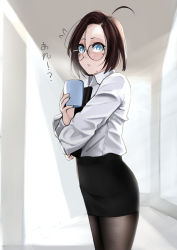 Rule 34 | 1girl, ?, absurdres, ahoge, black pantyhose, blue eyes, blush, brown hair, chestnut mouth, coffee, crossed arms, cup, glasses, highres, holding, holding cup, indoors, mole, mug, office lady, original, pantyhose, pencil skirt, pupi (rain prophet), short hair, skirt, solo, standing, sweatdrop, white background