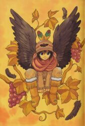 Rule 34 | +anima, 1boy, 2000s (style), arms between legs, autumn leaves, beanie, berry, black feathers, black wings, boots, brown hair, brown hat, brown jacket, clenched hands, closed mouth, cooro (+anima), earflap beanie, facing viewer, falling feathers, feather hair ornament, feathers, fringe trim, full body, fur-trimmed boots, fur trim, hair between eyes, hair ornament, hat, highres, invisible chair, jacket, long sleeves, mukai natsumi, official art, orange background, orange footwear, orange theme, pants, print headwear, red scarf, scarf, short hair, sitting, smile, solo, tan, traditional media, wings, yellow pants