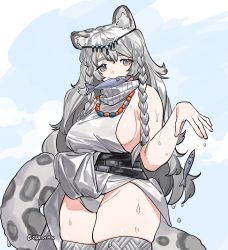 Rule 34 | 1girl, animal ears, arknights, bead necklace, beads, belt, black belt, braid, breasts, clothes lift, commentary, cowboy shot, dress, fish, grey background, grey dress, grey eyes, grey hair, grey panties, grey thighhighs, groin, hair between eyes, hand up, head chain, highres, ierotak, jewelry, large breasts, leopard ears, leopard tail, long hair, looking at viewer, mouth hold, multiple belts, necklace, panties, pelvic curtain, pelvic curtain lift, pramanix (arknights), sideboob, sleeveless, sleeveless dress, solo, tail, thick thighs, thighhighs, thighs, turtleneck, turtleneck dress, twin braids, twitter username, underwear, wet, white background