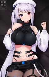 Rule 34 | 1girl, absurdres, bare shoulders, belt, beret, black belt, black shorts, blue eyes, blush, breasts, commentary request, commission, cowboy shot, crop top, dark background, fishnet pantyhose, fishnets, grey hair, hat, heterochromia, highres, jacket, jewelry, key, key necklace, large breasts, long hair, long sleeves, looking at viewer, maizumi, midriff, navel, necklace, off shoulder, open clothes, open jacket, open mouth, original, pantyhose, red eyes, sample watermark, shirt, short shorts, shorts, side ponytail, sleeveless, sleeveless shirt, solo, standing, watermark, white hat, white jacket