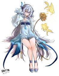 Rule 34 | 1girl, absurdres, arknights, blue dress, blue eyes, blue footwear, blue petals, blue ribbon, commentary request, dated, dress, fish, gaoling gangqin, goldfish, gradient dress, grey hair, hair petal, highres, long hair, long sleeves, looking at viewer, mulberry (arknights), mulberry (reflection that of the moons) (arknights), official alternate costume, ribbon, see-through, see-through sleeves, simple background, sleeves past fingers, sleeves past wrists, solo, very long hair, very long sleeves, white background