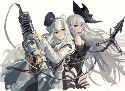 Rule 34 | 2girls, animal ears, arknights, arm cuffs, bear ears, black dress, black headwear, black pants, blue eyes, blue hair, blue headwear, breasts, cannon, closed mouth, clothing cutout, commentary request, cowboy shot, dress, hair between eyes, harpoon, harpoon cannon, harpoon gun, hat, heterochromia, highres, holding, holding weapon, long hair, long sleeves, looking at viewer, medium breasts, multicolored hair, multiple girls, pants, red eyes, restrained, rosa (arknights), sawkm, silver hair, simple background, skadi (arknights), skadi (elite ii) (arknights), streaked hair, tail, thigh cutout, very long hair, weapon, white background, white dress