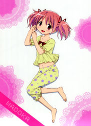 Rule 34 | 10s, 1girl, :d, absurdres, barefoot, crop top, highres, kaname madoka, mahou shoujo madoka magica, mahou shoujo madoka magica (anime), navel, official art, open mouth, pajamas, pink eyes, pink hair, polka dot, scan, short hair, short twintails, smile, solo, toes, twintails