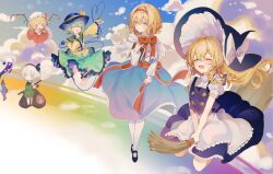 Rule 34 | 6+girls, alice margatroid, apron, arm up, black headwear, blonde hair, blue sky, book, braid, broom, broom riding, capelet, closed eyes, cloud, doremy sweet, flandre scarlet, frilled apron, frilled hairband, frilled skirt, frilled sleeves, frills, green hair, green skirt, hair ribbon, hairband, hat, heart, heart of string, holding, holding book, kirisame marisa, komeiji koishi, konpaku youmu, lolita hairband, long hair, mary janes, mob cap, multiple girls, one side up, open mouth, pfallen, pom pom (clothes), puffy short sleeves, puffy sleeves, red eyes, ribbon, saigyouji yuyuko, shoes, short sleeves, single braid, skirt, sky, tail, tapir tail, third eye, touhou, trash bag, tress ribbon, waist apron, white apron, white capelet, white hair, wings, witch hat