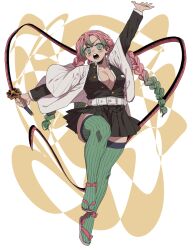 1girl belt black_jacket black_skirt braid breasts cleavage full_body green_thighhighs holding holding_sword holding_weapon jacket kanroji_mitsuri kimetsu_no_yaiba large_breasts long_hair long_sleeves looking_at_viewer open_mouth pink_hair pleated_skirt sandals simple_background skirt solo strawberryjamm sword thighhighs twin_braids weapon white_background zouri