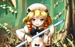 Rule 34 | 1girl, baton (weapon), blonde hair, cattle prod, dress, drill hair, electroshock weapon, eyelashes, forest, grin, hat, hat ribbon, juliet sleeves, less-than-lethal weapon, long sleeves, luna child, nature, no wings, puffy sleeves, red eyes, ribbon, short hair, signature, smile, solo, stun baton, touhou, weapon, welt (kinsei koutenkyoku), white dress