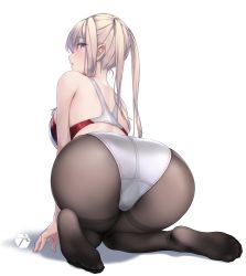 Rule 34 | 1girl, ass, ass focus, back, bare arms, bare shoulders, black pantyhose, blonde hair, blush, breasts, commentary request, competition swimsuit, feet, from behind, graf zeppelin (kancolle), grey eyes, highleg, highleg swimsuit, highres, kantai collection, kneeling, large breasts, looking at viewer, looking back, multicolored clothes, multicolored swimsuit, one-piece swimsuit, open mouth, pantyhose, pantyhose under swimsuit, revision, rokuwata tomoe, simple background, soles, solo, swimsuit, thighband pantyhose, toe seam, toes, tsurime, twintails, two-tone swimsuit, white background