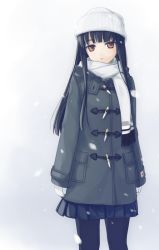 Rule 34 | 1girl, bad id, bad twitter id, beanie, black hair, brown eyes, character request, coat, cowboy shot, gloves, hat, long hair, pantyhose, rokuwata tomoe, scarf, simple background, skirt, snow, snowing, solo, standing, toggles, white background, winter, winter clothes