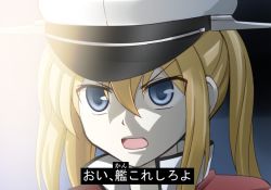 Rule 34 | 1girl, blonde hair, blue eyes, capelet, fudo yusei, graf zeppelin (kancolle), hat, kantai collection, long hair, looking at viewer, nichika (nitikapo), parody, peaked cap, solo, translation request, twintails, yu-gi-oh!, yu-gi-oh! 5d&#039;s