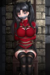 Rule 34 | 1girl, absurdres, arms behind back, bdsm, black hair, black skirt, black thighhighs, blouse, blue eyes, bondage, bound, fate/stay night, fate (series), gag, gagged, highres, improvised gag, long sleeves, looking at viewer, miniskirt, on chair, panties, pantyshot, parted bangs, plusout, red shirt, red sweater, rope, shibari, shibari over clothes, shirt, sitting, skirt, solo, sweat, sweatdrop, sweater, tape, tape gag, thighhighs, tied to chair, tohsaka rin, twintails, underwear