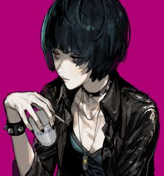 Rule 34 | 10s, 1girl, bad id, bad twitter id, blue hair, bowl cut, breasts, brown eyes, choker, cigarette, cleavage, collar, collarbone, cup, dress, eyebrows, eyelashes, jacket, jewelry, leather, leather jacket, long sleeves, looking away, nail polish, necklace, pale skin, persona, persona 5, rr (suisse200), shadow, short hair, simple background, sitting, smoke, solo, studded collar, takemi tae, upper body