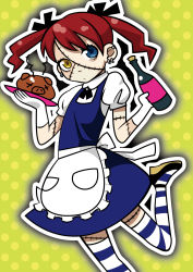 Rule 34 | 1girl, apron, auburn hair, bad id, bad pixiv id, black neckwear, blue dress, blue eyes, blue thighhighs, bottle, brown hair, dress, ear piercing, earrings, facing viewer, feet out of frame, flat chest, foot up, frilled apron, frills, gloves, golem, green background, heterochromia, highres, hntk, jewelry, maid, outline, patch, piercing, pig head, pinafore dress, plate, polka dot, polka dot background, pork, puffy short sleeves, puffy sleeves, red hair, short sleeves, sleeveless, sleeveless dress, solo, standing, steam, stitches, striped clothes, striped thighhighs, thighhighs, twintails, waitress, waitress uniform, white gloves, white outline, white thighhighs, x x, yellow eyes, zombie