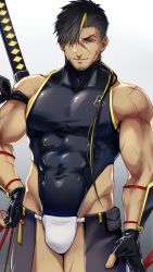 Rule 34 | 1boy, bara, bare shoulders, black hair, blonde hair, bulge, clothing cutout, covered abs, covered erect nipples, covered navel, cowboy shot, crotchless, crotchless pants, facial hair, fingerless gloves, full body, fundoshi, gloves, groin, highres, japanese clothes, katana, large pectorals, lying, male focus, male underwear, multicolored hair, muscular, muscular male, ninja (yzpyn), on back, original, pants, pectorals, scar, scar on arm, scar on face, scar on nose, shirt, short hair, skin tight, sleeveless, sleeveless shirt, solo, streaked hair, stubble, sword, thick thighs, thigh cutout, thighs, veins, weapon, white male underwear, yzpyn