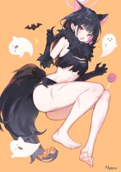 1girl adelie_cat animal_ears artist_name ass bare_legs barefoot black_gloves black_hair black_skirt blue_archive cat_ears cat_girl claw_pose colored_inner_animal_ears commentary crop_top extra_ears fang feet fur-trimmed_gloves fur_scarf fur_trim gloves halo hand_up highres kazusa_(blue_archive) kazusa_(halloween)_(blue_archive) looking_at_viewer lying miniskirt navel official_alternate_costume on_side open_mouth orange_background pink_eyes pink_hair pink_halo scar short_hair simple_background skirt stomach thighs