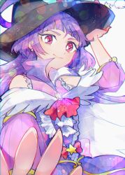 Rule 34 | 1girl, black hat, cure magical, cure magical (alexandrite style), earrings, frills, hand on headwear, hat, highres, itomugi-kun, izayoi liko, jewelry, long hair, magical girl, mahou girls precure!, pink eyes, precure, purple hair, smile, solo, witch hat