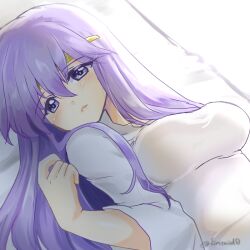 Rule 34 | 1girl, blush, breasts, circlet, closed mouth, commentary request, dress, fire emblem, fire emblem: genealogy of the holy war, head tilt, julia (fire emblem), large breasts, long hair, lying, nintendo, on back, purple eyes, purple hair, simple background, solo, upper body, white dress, yukia (firstaid0)