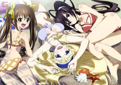 Rule 34 | 10s, 3girls, :d, absurdres, barefoot, beach, bikini, black hair, blonde hair, blue eyes, breasts, brown hair, cecilia alcott, cleavage, fang, feet, green eyes, hairband, highres, huang lingyin, infinite stratos, kuniyuki yurie, legs, long hair, long legs, looking back, lying, multiple girls, navel, non-web source, nyantype, official art, on back, on side, open mouth, ponytail, scan, shinonono houki, smile, starfish, swimsuit, twintails, upside-down, very long hair